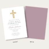 Mauve Script Religious Cross Boy First Communion Einladung