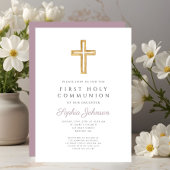 Mauve Script Religious Cross Boy First Communion Einladung