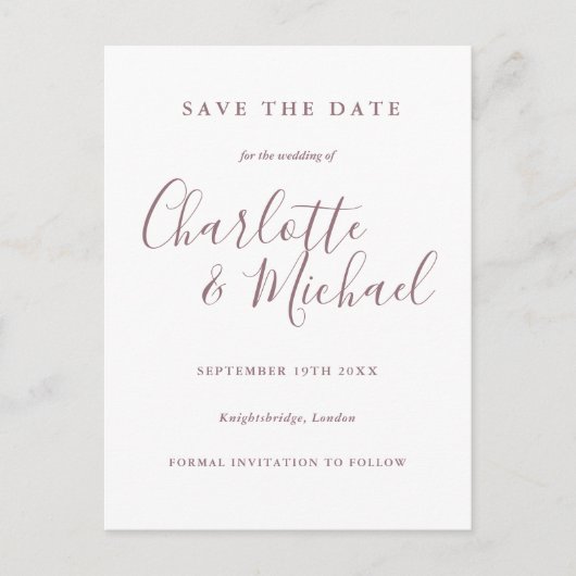 Mauve Script Wedding Save the Date Postkarte (Vorderseite)