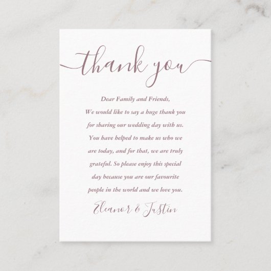 Mauve Script Wedding Vielen Dank Platzkarte (Vorderseite)