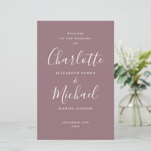 Mauve Signature Script-Hochzeitsprogramm (Stehend Vorderseite)