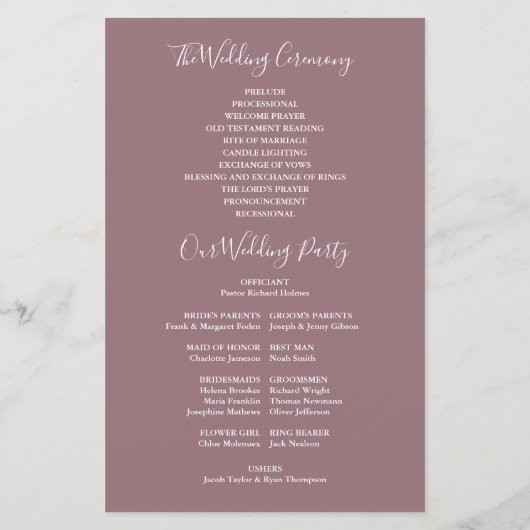 Mauve Signature Script-Hochzeitsprogramm (Rückseite)