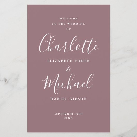 Mauve Signature Script-Hochzeitsprogramm (Vorderseite)