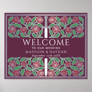 Mauve Silber Blumen Königliche Hochzeits-Willkomme Poster