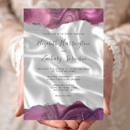 Mauve Silver Agate White Silk Wedding Einladung