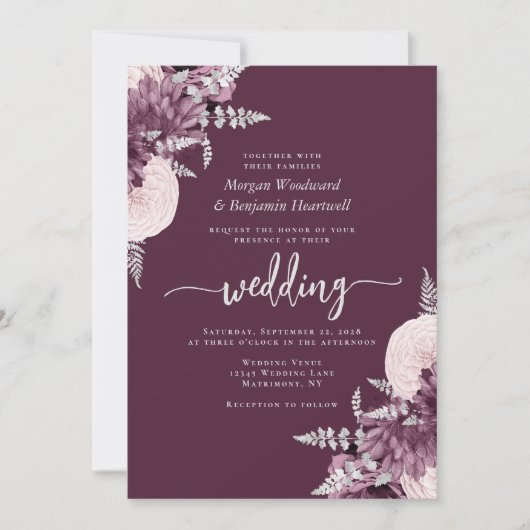 Mauve Silver Floral QR Code Hochzeit Einladung (Vorderseite)