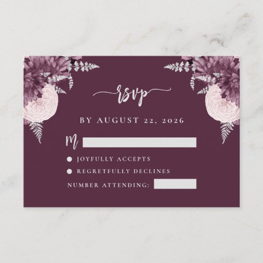 Mauve Silver Floral Script Wedding RSVP Begleitkarte (Vorderseite)