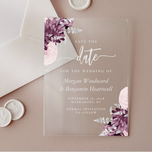 Mauve Silver Floral Wedding Save the Date Acryleinladungen