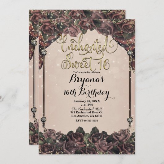 Mauve Spice Rose Glitzer Sparkle Süße 16 16. Einladung (Vorne/Hinten)