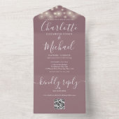 Mauve String Lights QR Code Monogram Wedding All In One Einladung (Innen Boden)