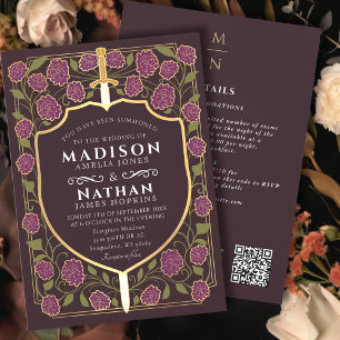 Mauve Sword Shield Fantasy Wedding QR Code Einladung
