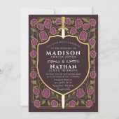 Mauve Sword Shield Fantasy Wedding QR Code Einladung (Vorderseite)