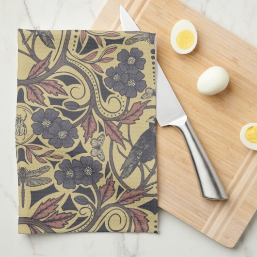 Mauve, Tan & Gray Crow & Dragonfly Geschirrtuch (Viertel Falte)