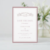 Mauve & Teracotta Botanisches Wappen Monogramm Hoc Save The Date (Stehend Vorderseite)