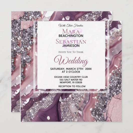 *~* MAUVE UAWG QR Silver AGATE AR66 Wedding Einladung (Vorne/Hinten)