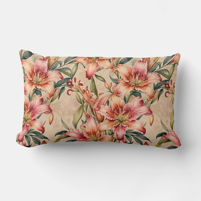 Mauve und Copper Lilies auf Tan Lendenkissen (Vorderseite)