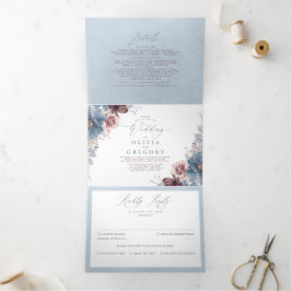 Mauve und Dusty Blue Floral Botanical Wedding Dreifach Gefaltete Einladung