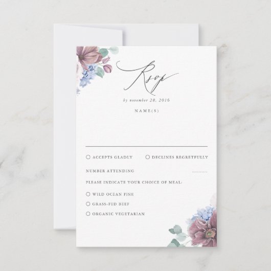 Mauve und Dusty Blue Floral Wedding RSVP Karte (Vorderseite)