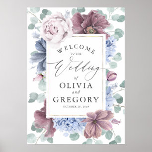 Mauve und Dusty Blue Floral Wreath Wedding Willkom Poster