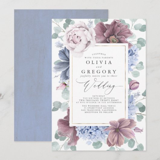 Mauve und Dusty Blue Flowers Elegante Wedding Einladung (Vorne/Hinten)