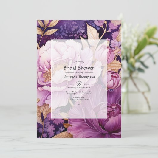 Mauve und Gold Floral Brautparty Einladung (Stehend Vorderseite)