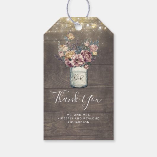 Mauve und Gold Floral Mason Jar Rustikale Hochzeit Geschenkanhänger (Vorderseite)