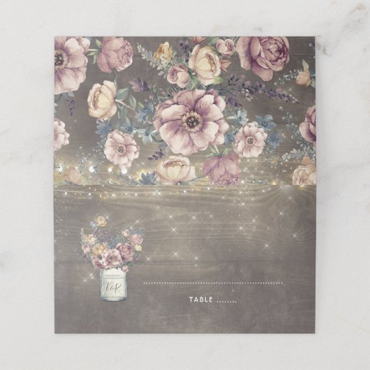 Mauve und Gold Floral Mason Jar Rustikale Hochzeit Platzkarte (Außenseite Aufgefaltet)