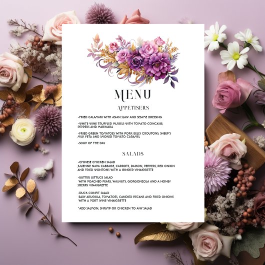 Mauve und Gold Floral Wedding Menükarte