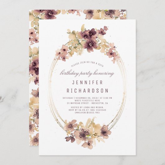 Mauve und Gold Vintag Floral Geburtstagsparty Einladung (Vorne/Hinten)