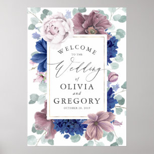 Mauve und marineblaue Blumenkrone Hochzeitsbegrüßu Poster