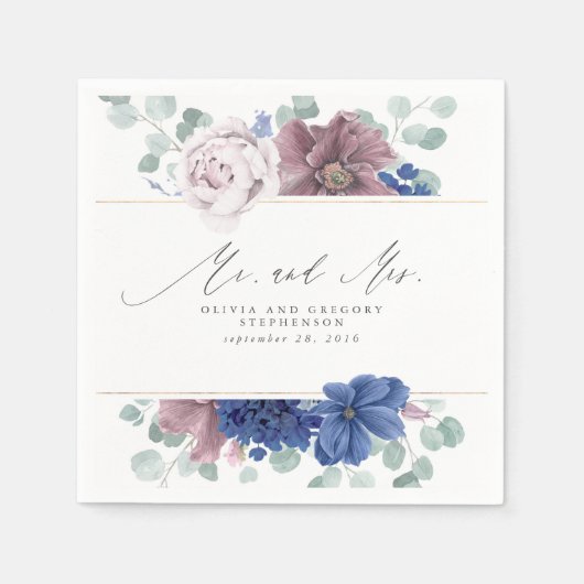 Mauve und Navy Blue Floral Botanical Mr. and Mrs. Serviette (Vorderseite)