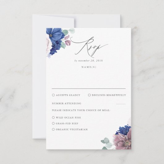 Mauve und Navy Blue Floral Wedding RSVP (Vorderseite)