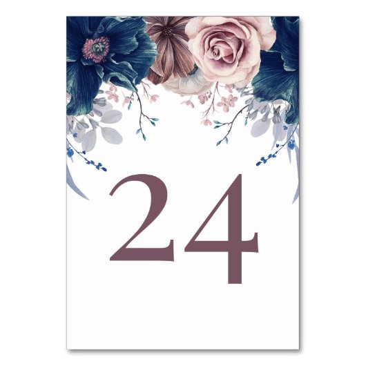 Mauve und Navy Blue Floral Wedding Tischnummer (Vorderseite)