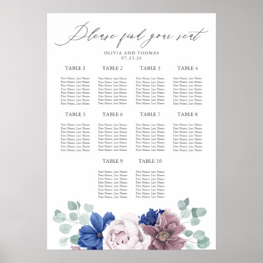 Mauve und Navy Blue Flowers Hochzeitstabelle Poster (Vorne)