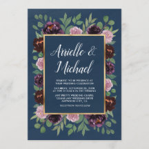 Mauve und Navy Blue Gold Plum Hochzeitseinladungen