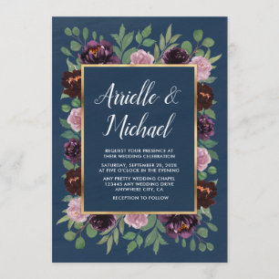 Mauve und Navy Blue Gold Plum Hochzeitseinladungen Einladung