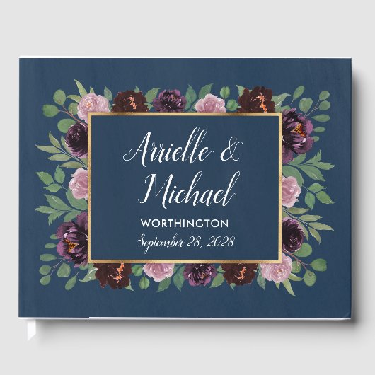 Mauve und Navy Blue Gold Plum Wedding Guest Book Gästebuch (Vorderseite)