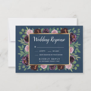 Mauve und Navy Blue Gold Plum Wedding RSVP Cards Karte