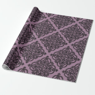 Mauve und schwarzes vintage Damastmuster Geschenkpapier