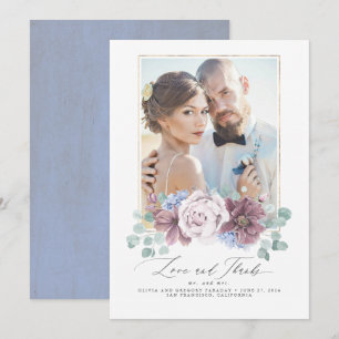 Mauve und staubblaue Blumen-Hochzeit-Dankeskarten Einladung