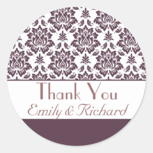 Mauve und White Damask Vielen Dank Runder Aufkleber