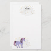 Mauve Unicorn und Gold Stars Briefpapier (Vorne/Hinten)