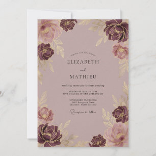 Mauve vergoldete Hochzeitsblüte Einladung