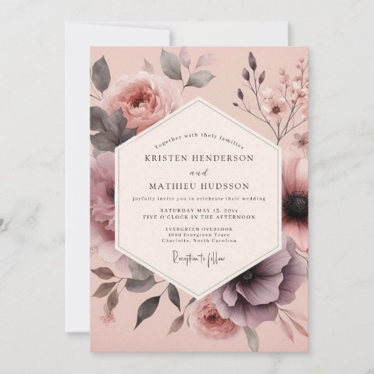 Mauve verschwommene florale Hochzeit Einladung (Vorderseite)