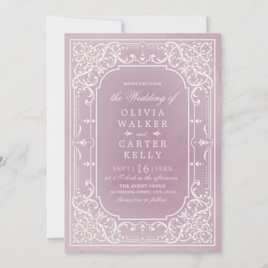 Mauve verzierte romantische Hochzeit Einladung (Vorderseite)