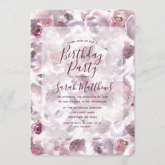 Mauve Watercolor Floral Geburtstagsparty Einladung