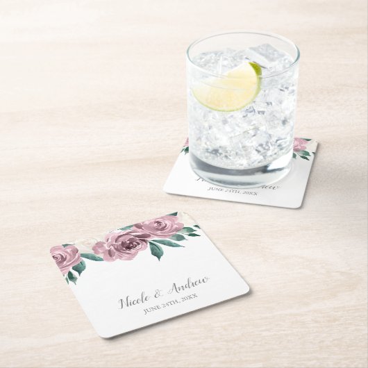 Mauve Watercolor Rose Blumenhochzeit Maßgeschneide Rechteckiger Pappuntersetzer (Vor Ort)