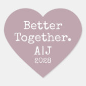 Mauve Wedding Better Together Monogram Year Herz-Aufkleber (Vorderseite)