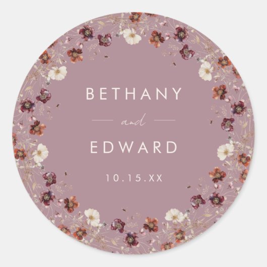 Mauve Wedding durch Whimsical Fall getrocknete Blu Runder Aufkleber (Vorderseite)