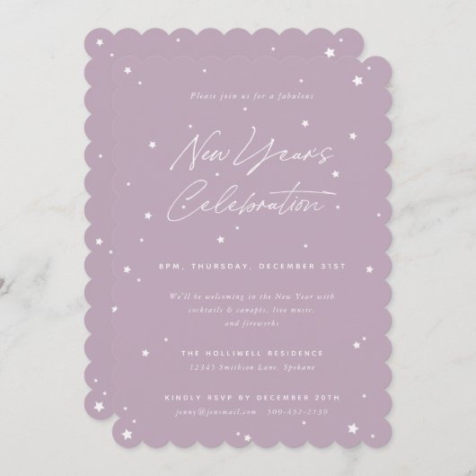 Mauve+White Script Scattered Stars New Year Party Einladung (Vorne/Hinten)
